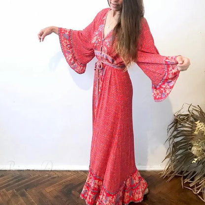 Red Rayon Floral Print V-neck Adjustable Belt Boho Dress