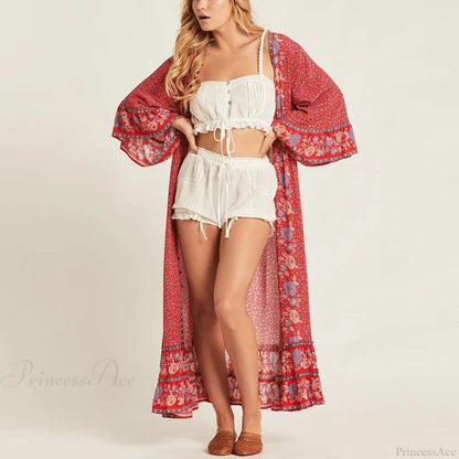 Red Rayon Floral Print V-neck Adjustable Belt Boho Dress