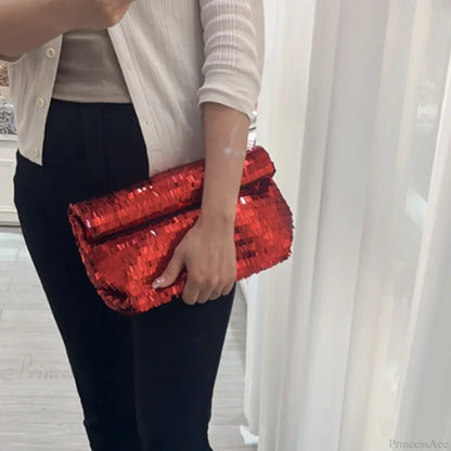 Red Sequin Leather Clutch Bag Wristlet