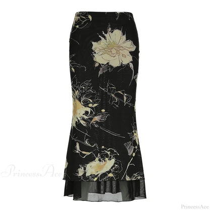 Retro Floral Fairycore Long Skirt