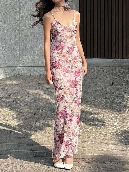 Retro Floral Print Cami Backless Wrap Floral Dress