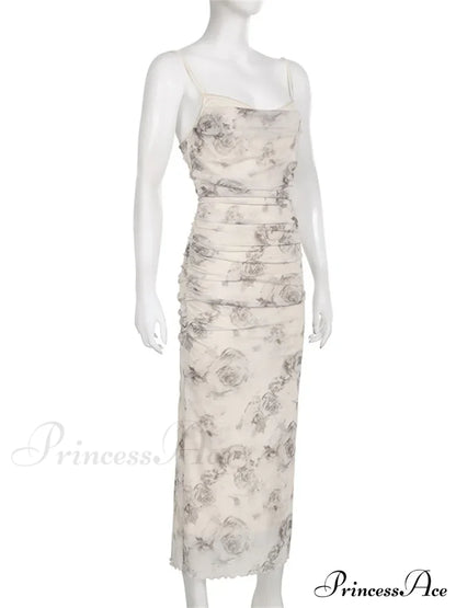 Retro Floral Print for Women Sleeveless Strap V-neck Ruched Split Summer Party Female Vestidos