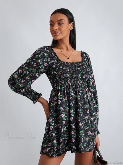 Retro Floral Print Ruffled Trim Square Neck A-Line Short Floral Dress