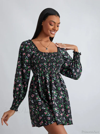 Retro Floral Print Ruffled Trim Square Neck A-Line Short Floral Dress
