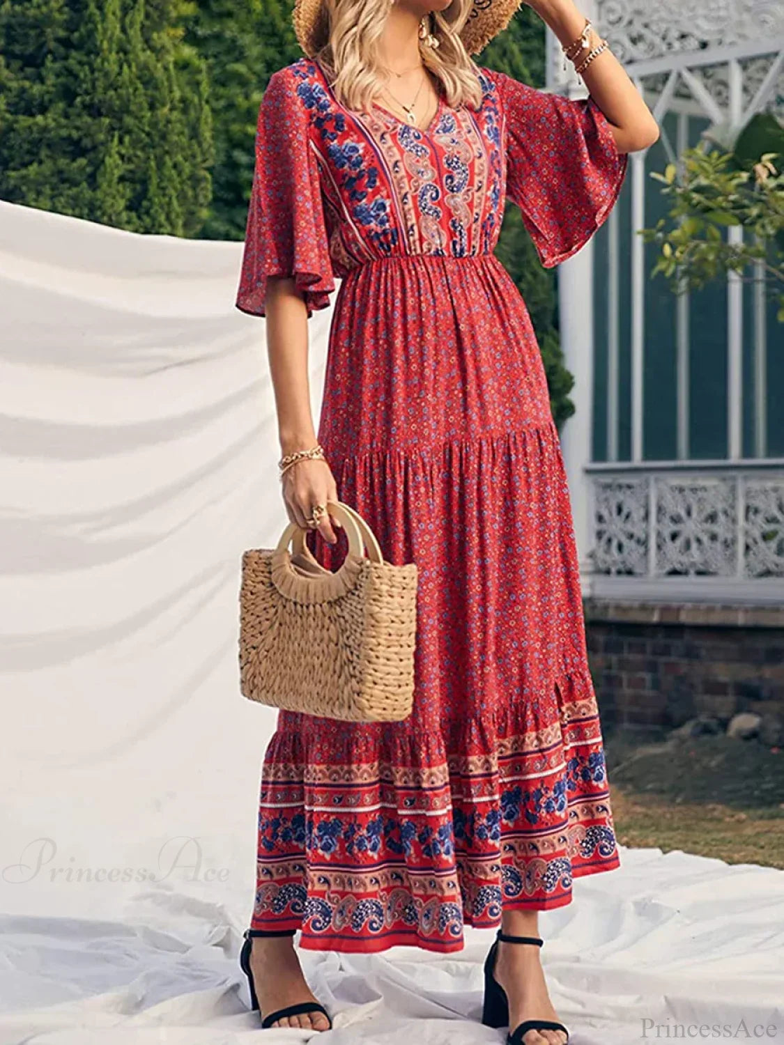 Retro Floral Print V-neck Boho Sundress