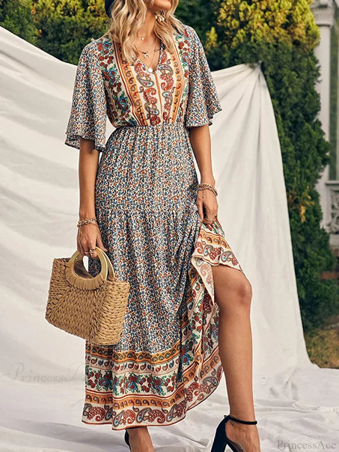 Retro Floral Print V-neck Boho Sundress