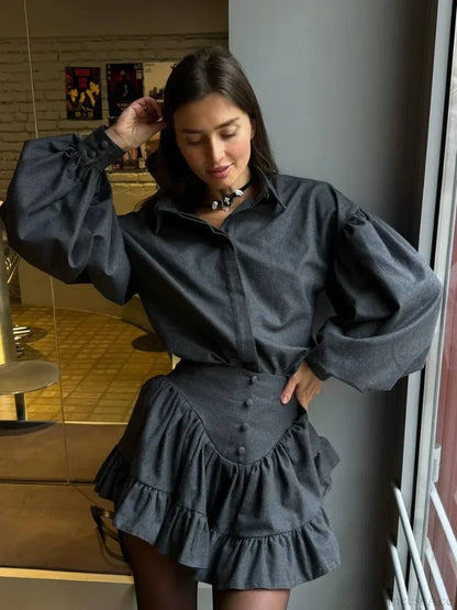 Retro Lapel Loose Bishop Sleeve Blouse
