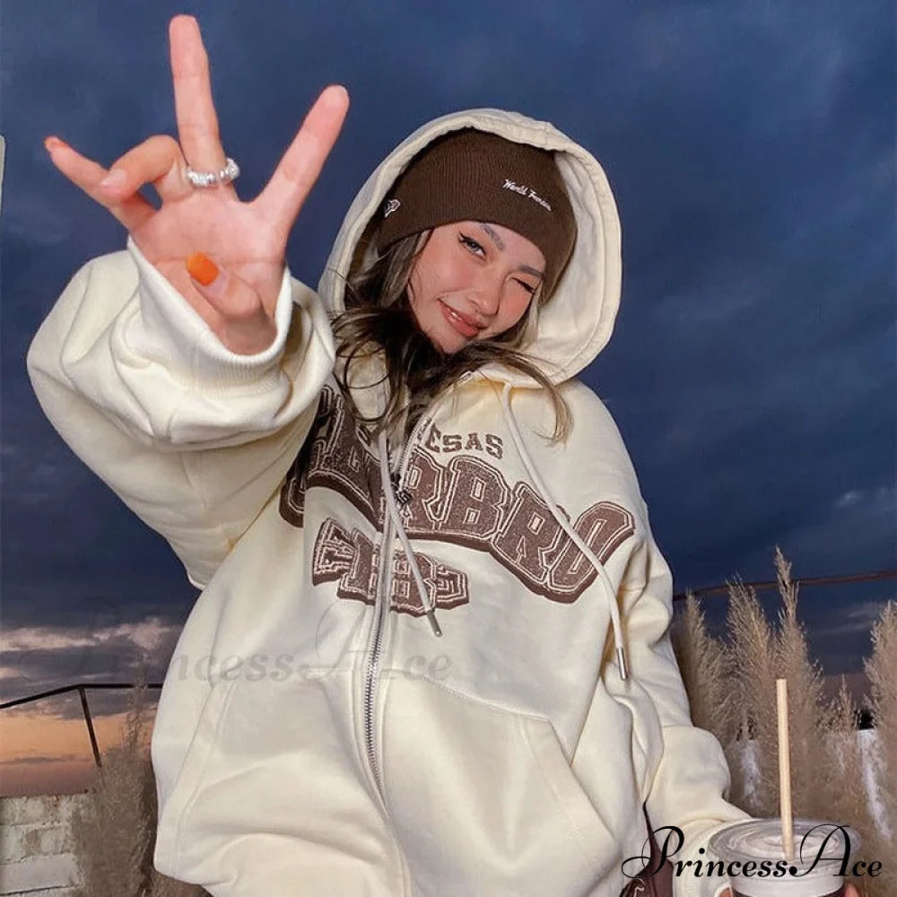Retro Letter Print Baggy Hoody Jacket