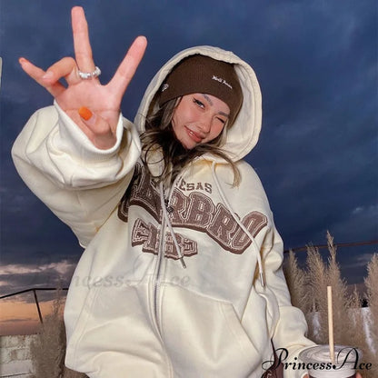 Retro Letter Print Baggy Hoody Jacket