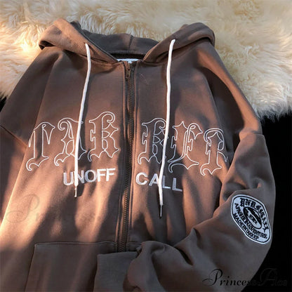 Retro Letter Print Baggy Hoody Jacket