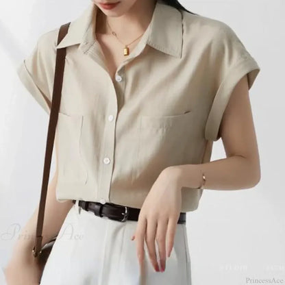 Retro Loose Lapel Pocket Short Sleeve Blouse