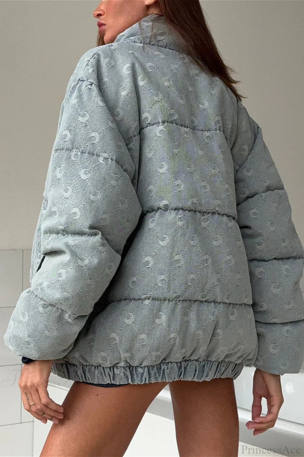 Retro Moon Print Denim Stand Collar Coat