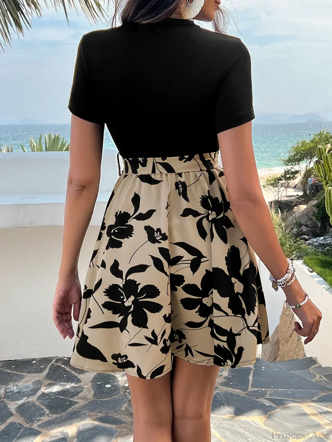 Retro Spliced High Waist Floral Print Dress