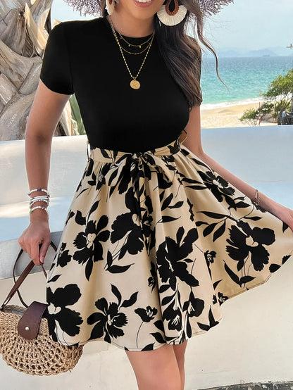 Retro Spliced High Waist Floral Print Dress