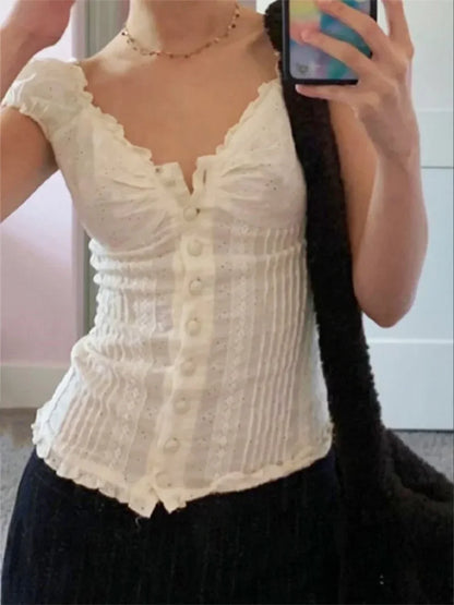 Retro Square Neck Button Down Short Sleeve Blouse