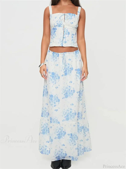 Retro Square Neck Button Up Tank Top Flower Print Long Skirt