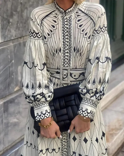 Retro Stand Collar Belted Boho Dress