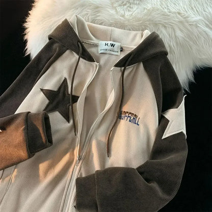 Retro Star Patch Zipper Hoodie
