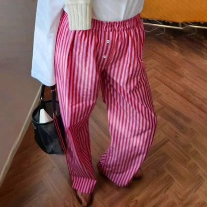 Retro Striped Button High Waist Straight Pant