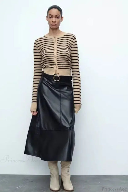 Retro Striped Printed Round Neck Cardigan