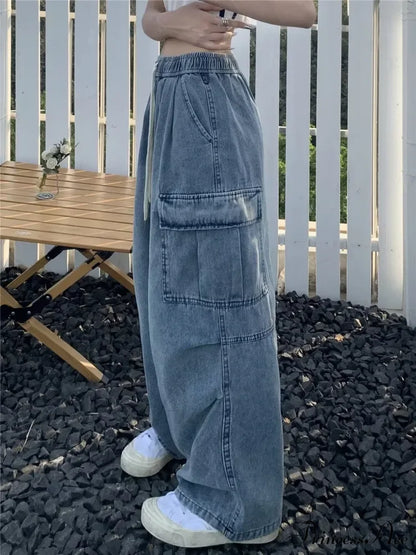 Retro Style Loose Multi Pocket Wide Leg Graffiti High Waist Straight Leg Women's Jean