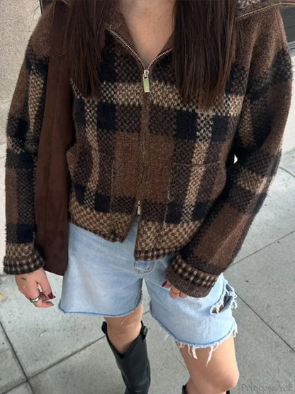 Retro Zipper Loose Long Sleeve Knit Cardigan