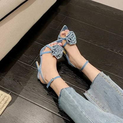 Rhinestone Butterfly-knot Square Head Stiletto Sandals Peep Toe Crystal Narrow Band Ankle Strap High Heel
