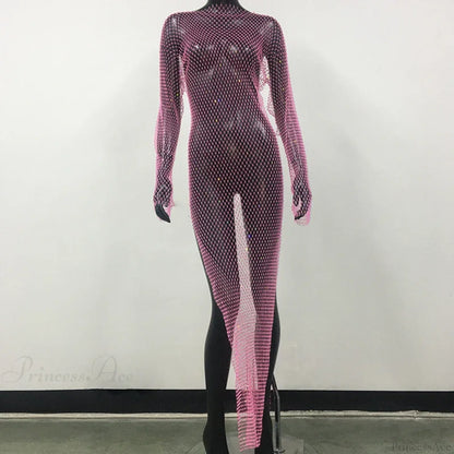 Rhinestone Fishnet Long Sleeve Party Dress