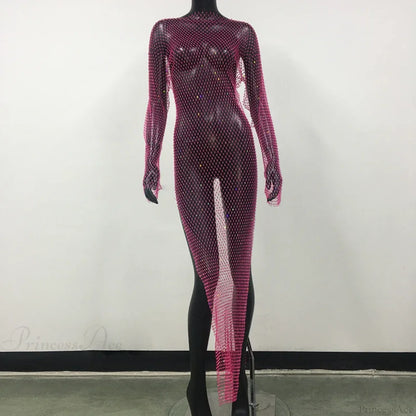 Rhinestone Fishnet Long Sleeve Party Dress