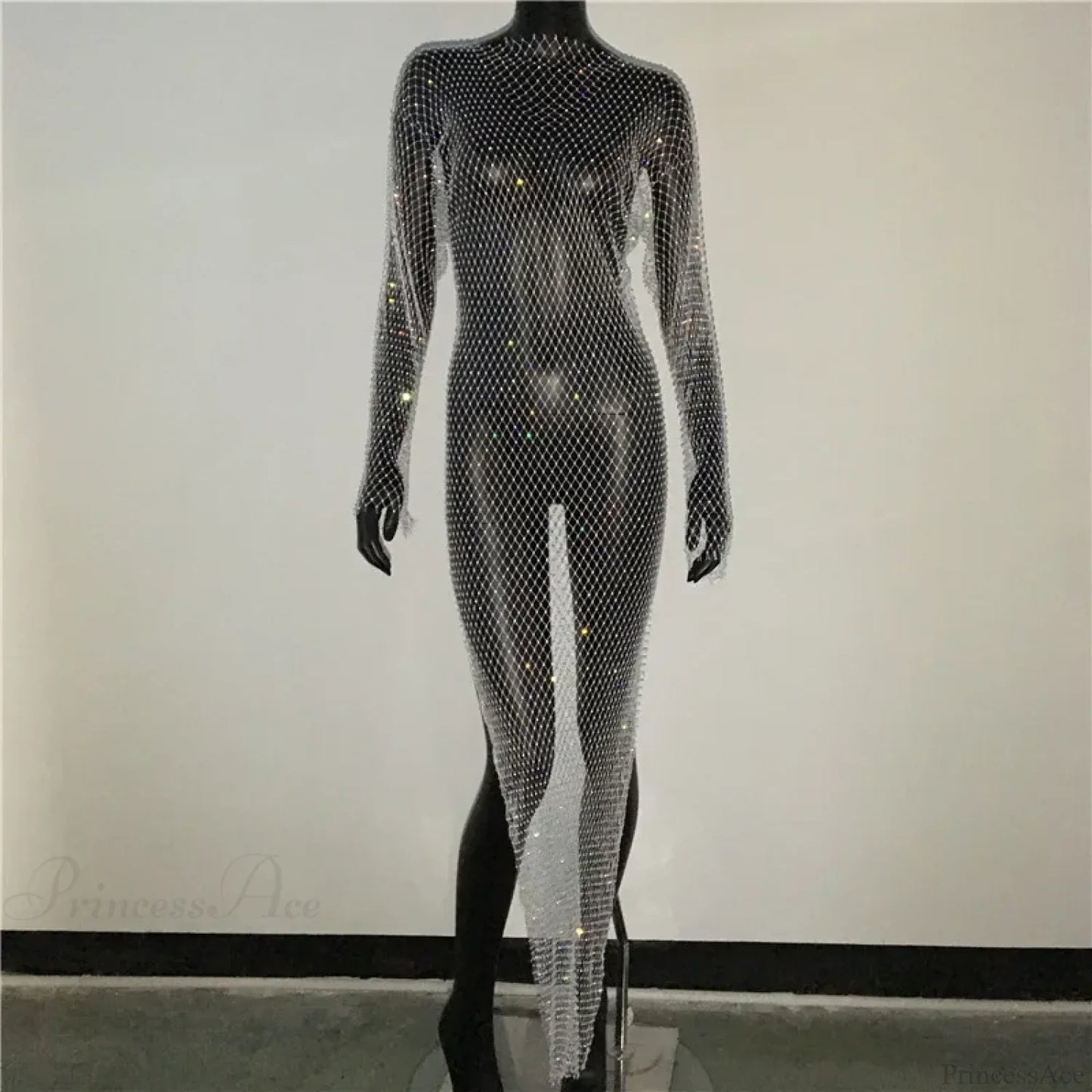 Rhinestone Fishnet Long Sleeve Party Dress