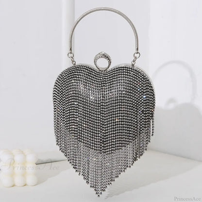 Rhinestone Heart Pattern Silver Evening Clutch Wedding Bridal Purse