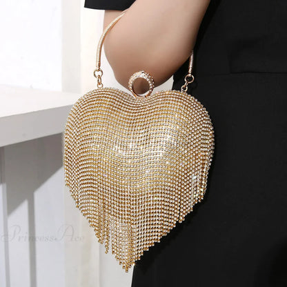 Rhinestone Heart Pattern Silver Evening Clutch Wedding Bridal Purse
