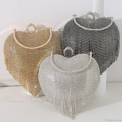 Rhinestone Heart Pattern Silver Evening Clutch Wedding Bridal Purse