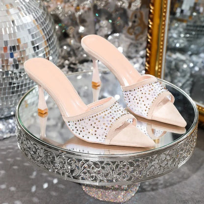 Rhinestone SlippersFashion Stiletto High Heels Pointed Open Toe Slides Party Sandals High Heel