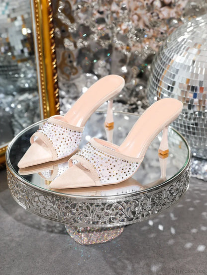 Rhinestone SlippersFashion Stiletto High Heels Pointed Open Toe Slides Party Sandals High Heel