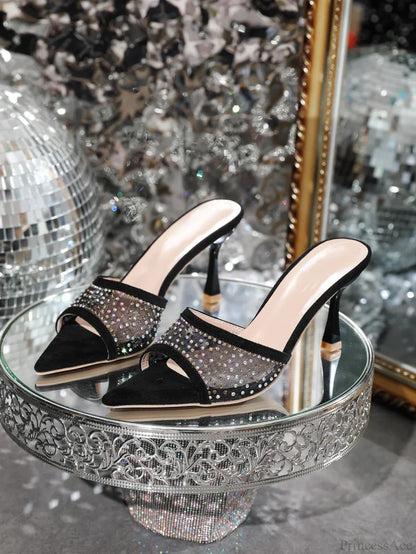 Rhinestone SlippersFashion Stiletto High Heels Pointed Open Toe Slides Party Sandals High Heel
