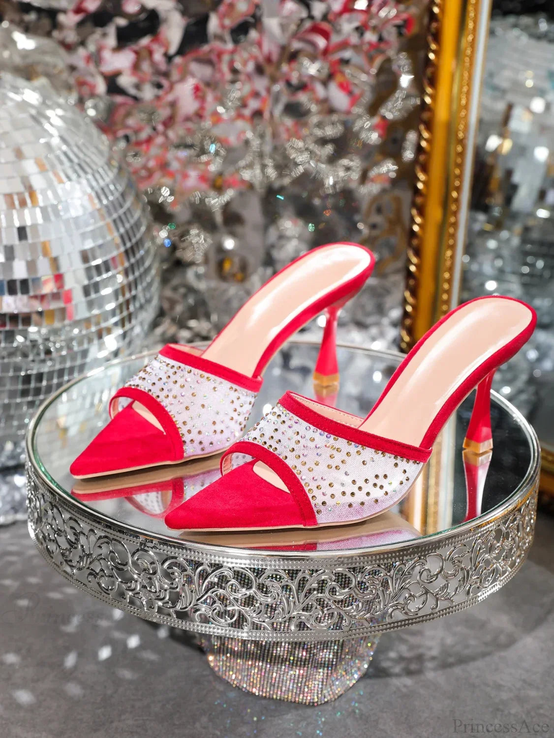 Rhinestone SlippersFashion Stiletto High Heels Pointed Open Toe Slides Party Sandals High Heel