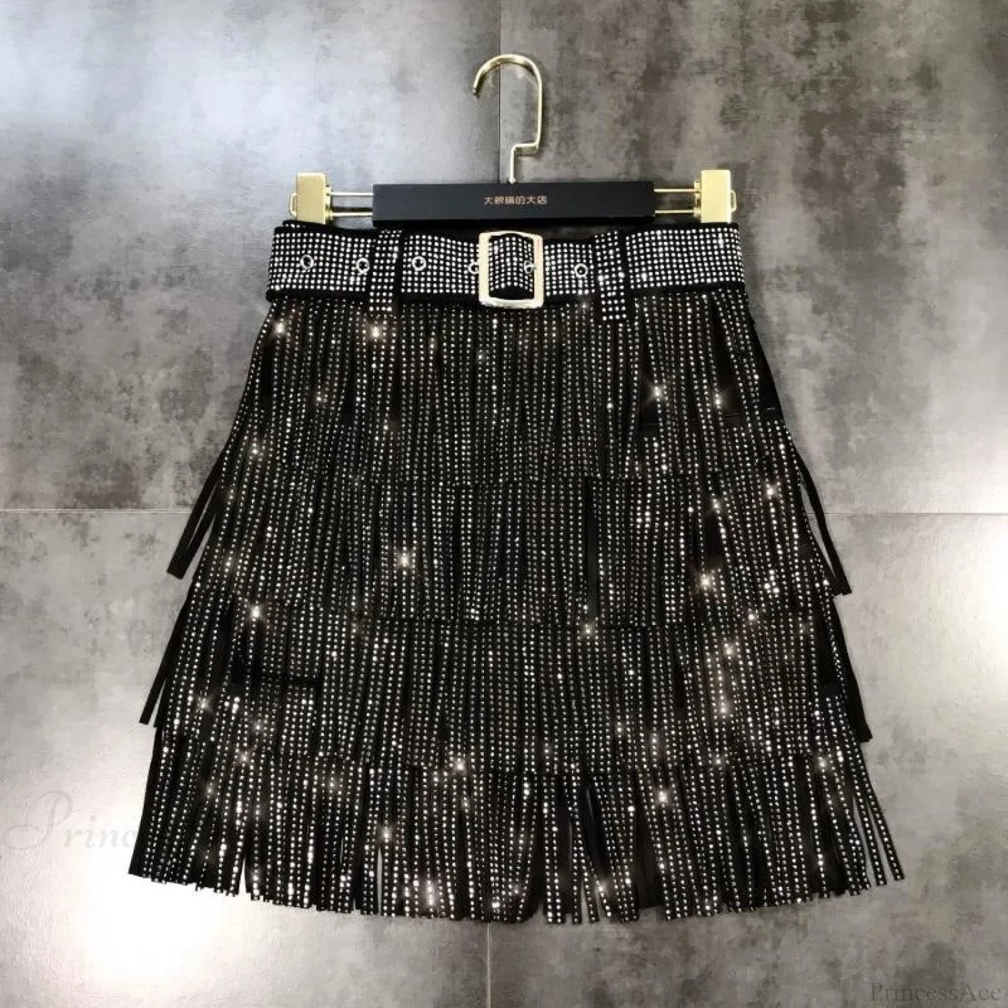 Rhinestones Tassel  High Waist Belt Skirt