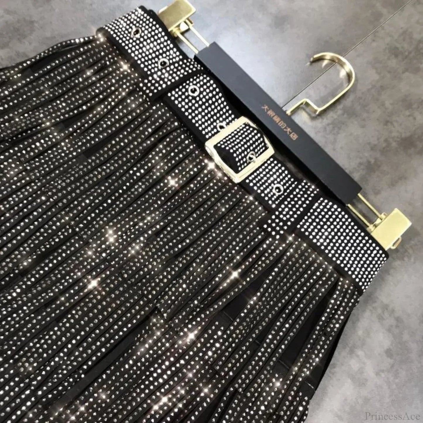 Rhinestones Tassel  High Waist Belt Skirt