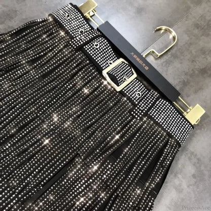 Rhinestones Tassel  High Waist Belt Skirt