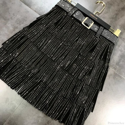 Rhinestones Tassel  High Waist Belt Skirt