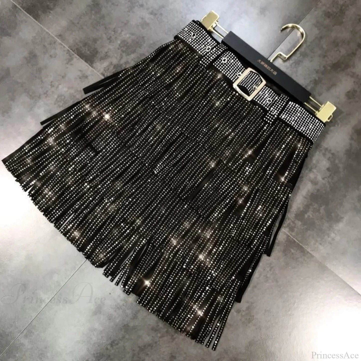 Rhinestones Tassel  High Waist Belt Skirt