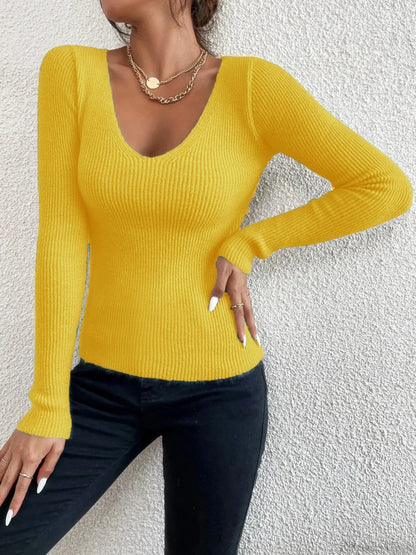 Rib Knit V-Neck Stripe Pullover Sweater Knit Top