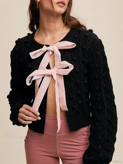 Ribbed Bow Tie Cable Knit Cardigan