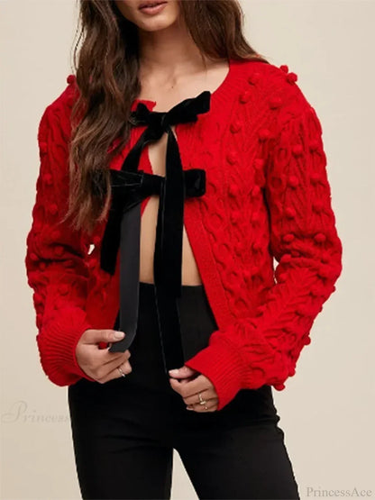 Ribbed Bow Tie Cable Knit Cardigan