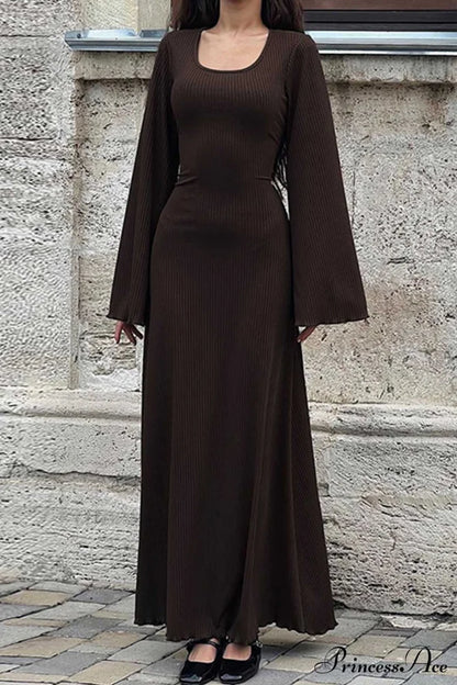 Ribbed Flares Sleeve Dress with Tie-back