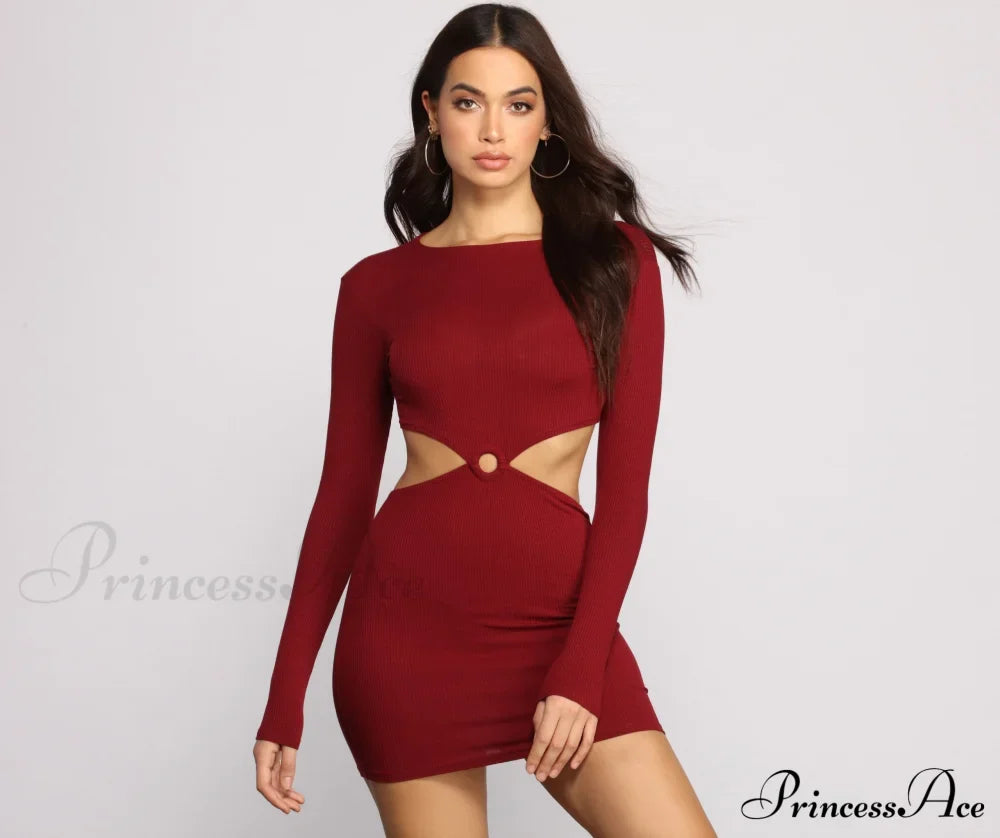 Ribbed Knit Stylish O-Ring Mini Dress