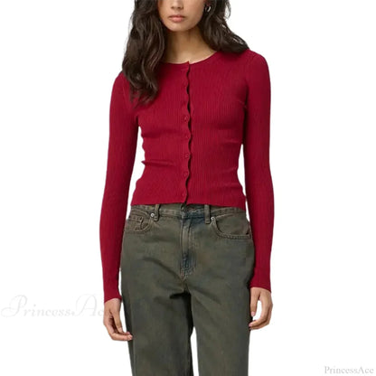 Ribbed Slim Button-Up Long Sleeve Cardigan