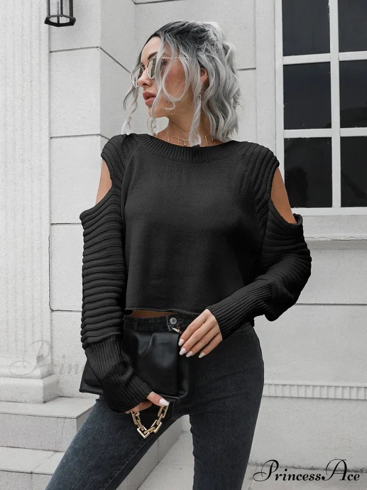 Ribbed Trim Cold-Shoulder Sweater