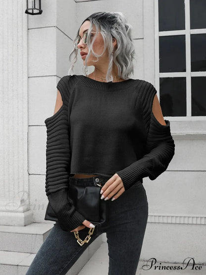 Ribbed Trim Cold-Shoulder Sweater